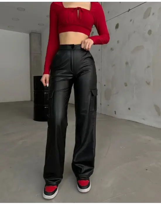 Kadın Yüksek Bel önden Fermuarlı Yandan Cep Detaylı Deri Kargo Pantolon