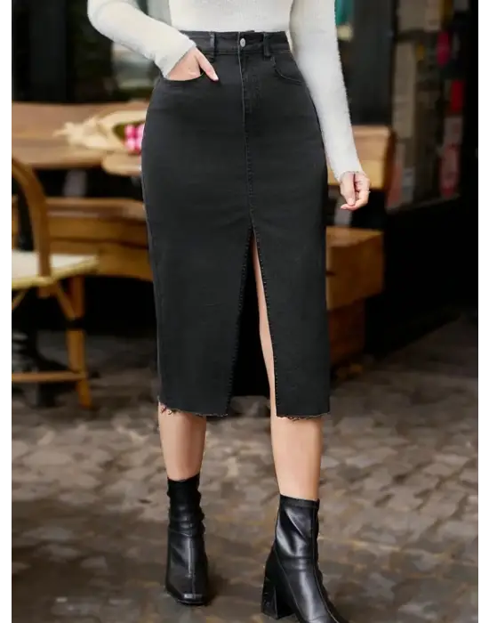 Kadın Yüksek Bel önden Yırtmaçlı Cepli Midi Kot Etek