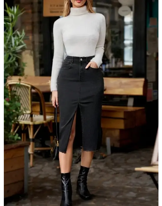 Kadın Yüksek Bel önden Yırtmaçlı Cepli Midi Kot Etek