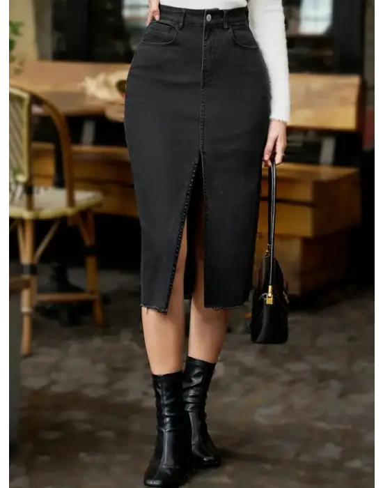 Kadın Yüksek Bel önden Yırtmaçlı Cepli Midi Kot Etek