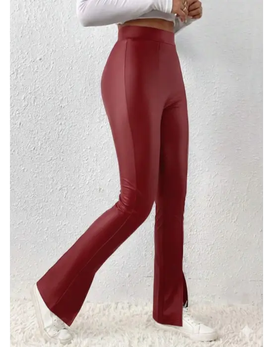 Kadın Yüksek Bel önden Yırtmaçlı Deri Tayt