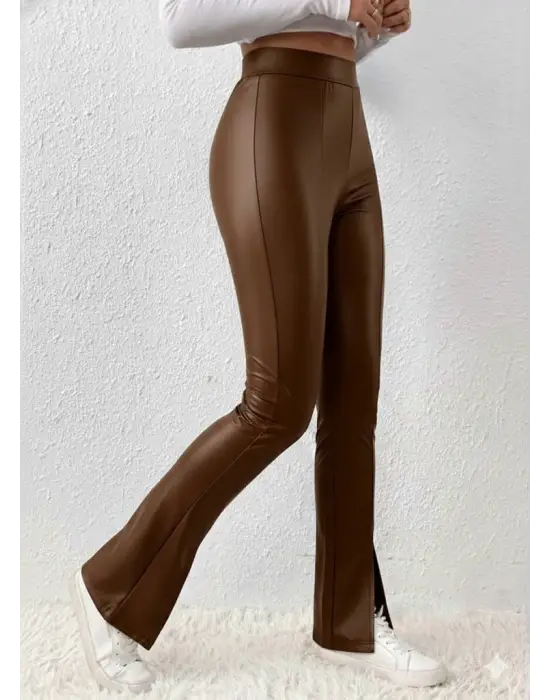 Kadın Yüksek Bel Önden Yırtmaçlı Deri Tayt