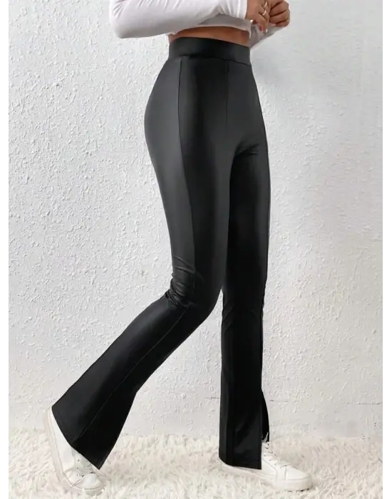 Kadın Yüksek Bel önden Yırtmaçlı Deri Tayt