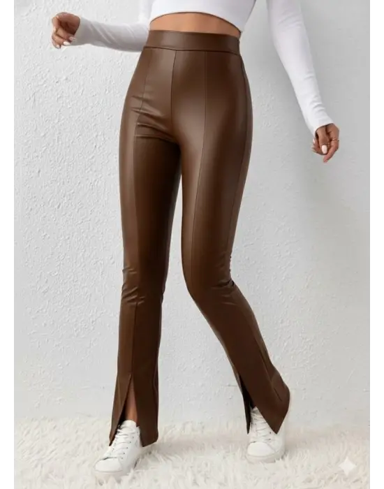 Kadın Yüksek Bel Önden Yırtmaçlı Deri Tayt