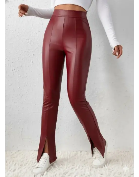 Kadın Yüksek Bel önden Yırtmaçlı Deri Tayt