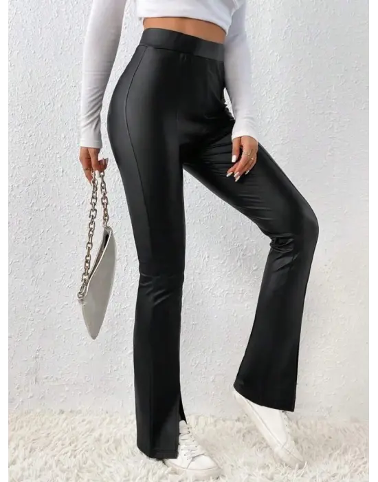 Kadın Yüksek Bel önden Yırtmaçlı Deri Tayt