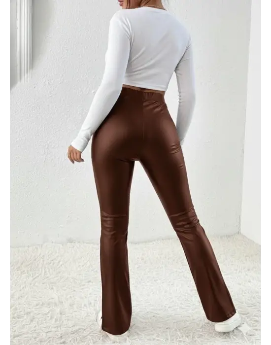 Kadın Yüksek Bel önden Yırtmaçlı Deri Tayt