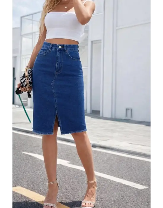 Kadın Yüksek Bel önden Yırtmaçlı Kısa Kot Etek