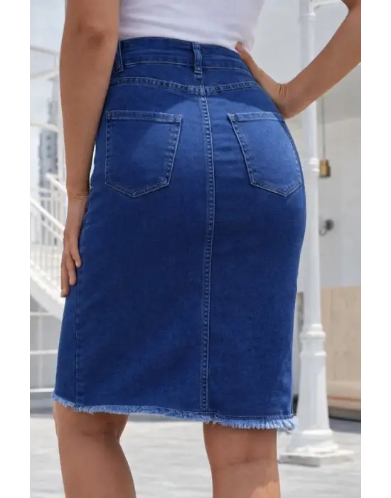 Kadın Yüksek Bel önden Yırtmaçlı Kısa Kot Etek