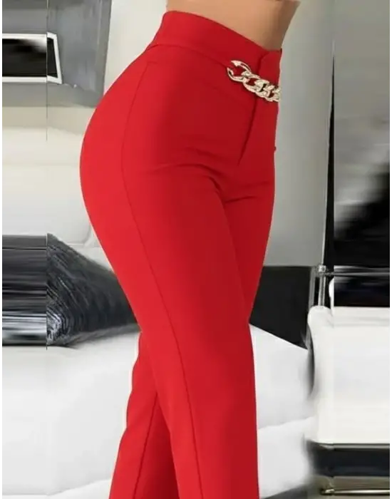 Kadın Yüksek Bel önden Zincir Detaylı Ithal Krep Pantolon
