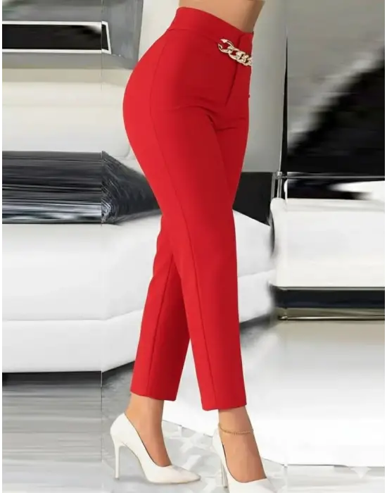 Kadın Yüksek Bel önden Zincir Detaylı Ithal Krep Pantolon