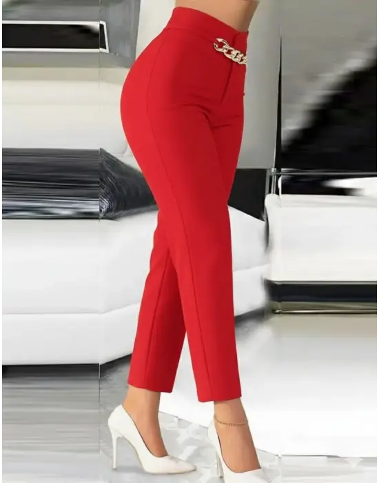 Kadın Yüksek Bel önden Zincir Detaylı Ithal Krep Pantolon