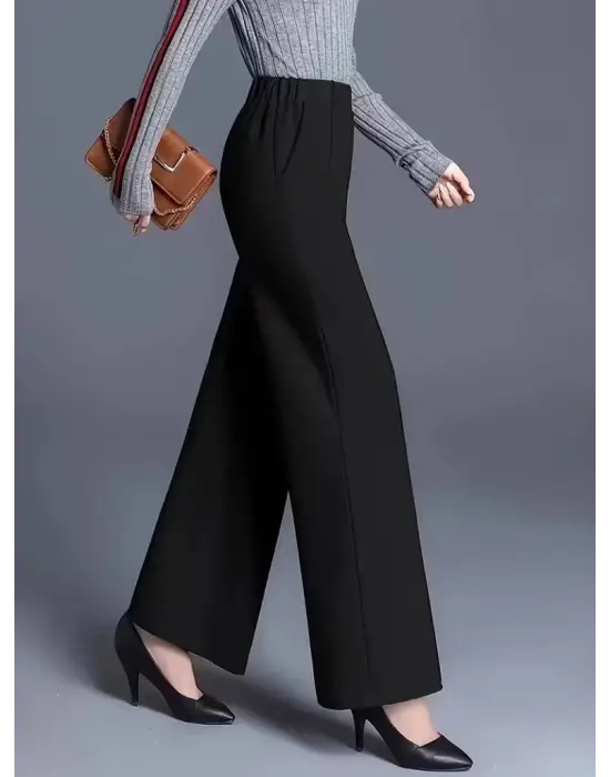 Kadın Yüksek Bel önü Nervürlü Paçaya Doğru Geniş Ithal Krep Pantolon