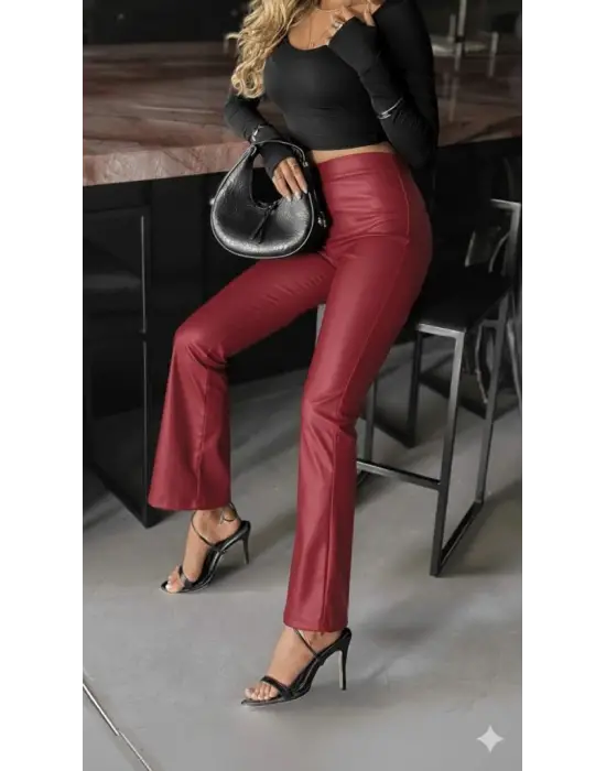 Kadın Yüksek Bel Paçaya Doğru Geniş Deri Pantolon