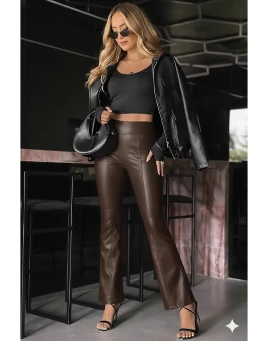 Kadın Yüksek Bel Paçaya Doğru Geniş Deri Pantolon