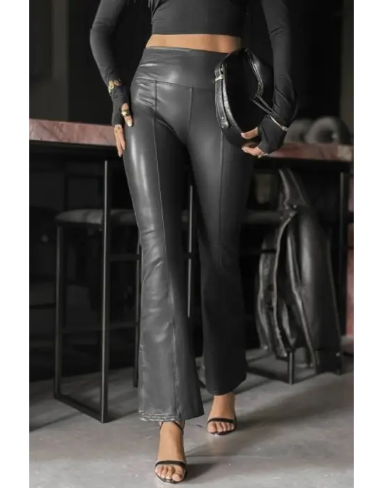 Kadın Yüksek Bel Paçaya Doğru Geniş Deri Pantolon