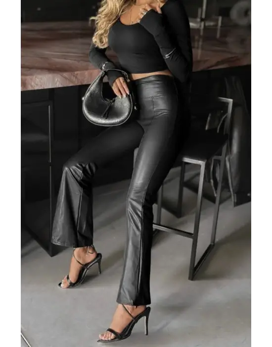 Kadın Yüksek Bel Paçaya Doğru Geniş Deri Pantolon