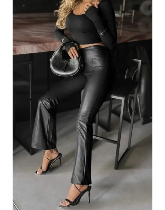 Kadın Yüksek Bel Paçaya Doğru Geniş Deri Pantolon