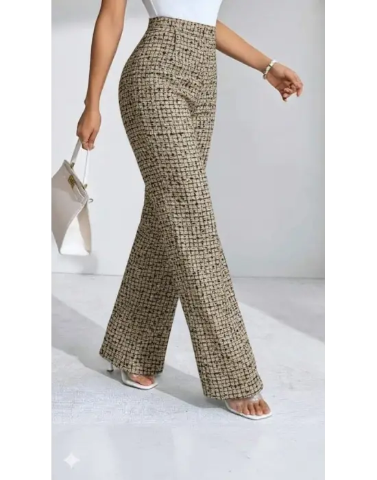 Kadın Yüksek Bel Paçaya Doğru Geniş Dokuma Pantolon