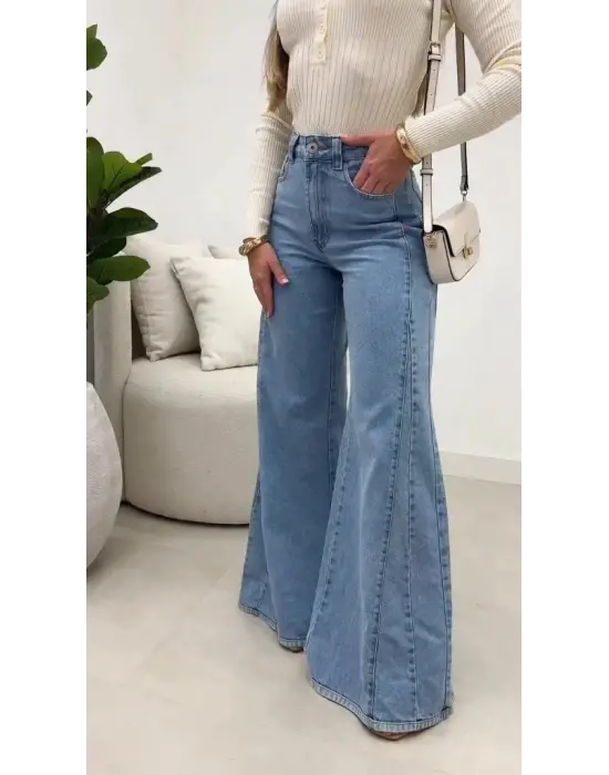 Kadın Yüksek Bel Paçaya Doğru Geniş Kesimli Kot Pantolon