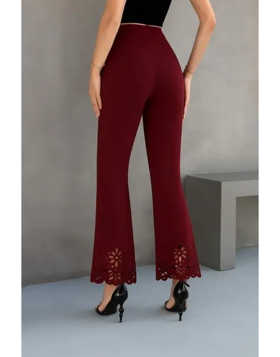 Kadın Yüksek Bel Paçaya Doğru Genişleyen Lazer çiçek Kesim Detaylı Ithal Krep Pantolon