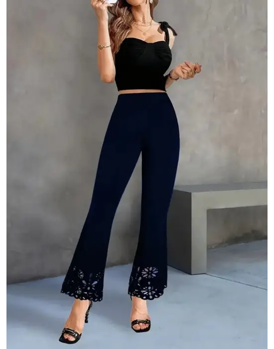 Kadın Yüksek Bel Paçaya Doğru Genişleyen Lazer çiçek Kesim Detaylı Ithal Krep Pantolon