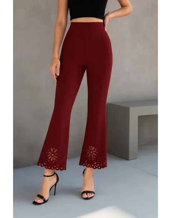 Kadın Yüksek Bel Paçaya Doğru Genişleyen Lazer çiçek Kesim Detaylı Ithal Krep Pantolon