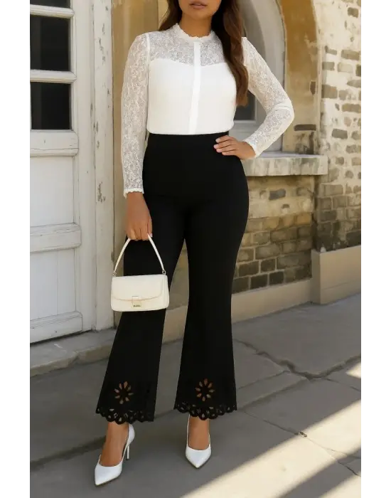 Kadın Yüksek Bel Paçaya Doğru Genişleyen Lazer çiçek Kesim Detaylı Ithal Krep Pantolon