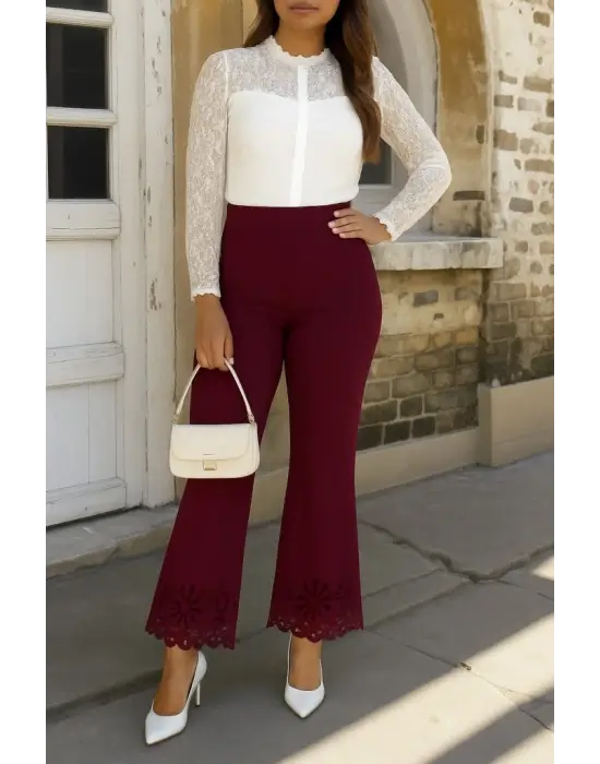 Kadın Yüksek Bel Paçaya Doğru Genişleyen Lazer çiçek Kesim Detaylı Ithal Krep Pantolon