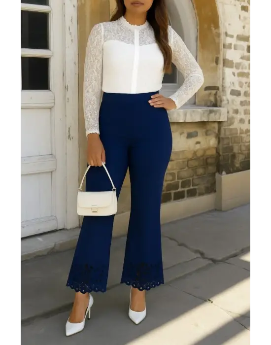 Kadın Yüksek Bel Paçaya Doğru Genişleyen Lazer çiçek Kesim Detaylı Ithal Krep Pantolon