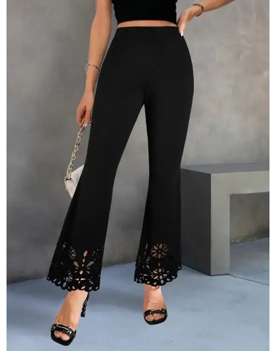 Omarı Yüksek Bel Geniş Kesim Çiçek Detaylı Krep Pantolon