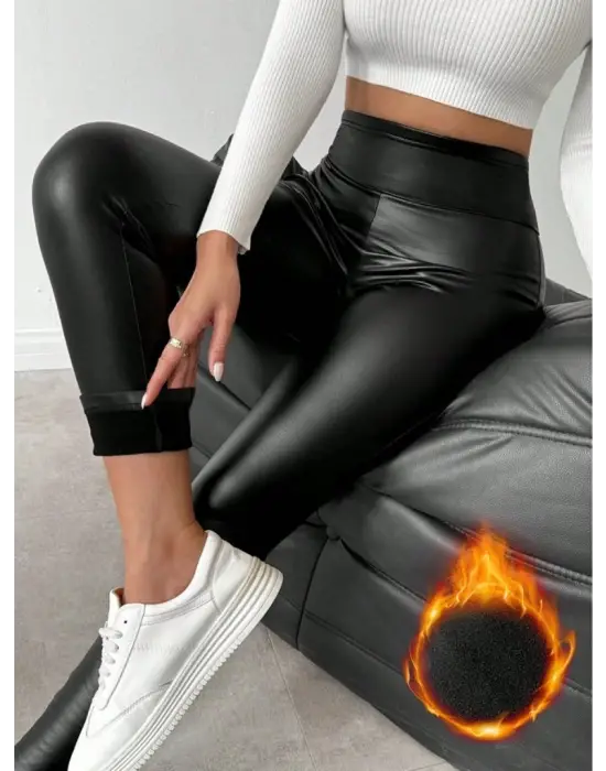 Trend Yüksek Bel Parlak Deri Tayt