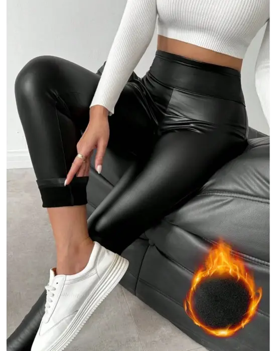 Kadın Yüksek Bel şardonlu Parlak Deri Tayt