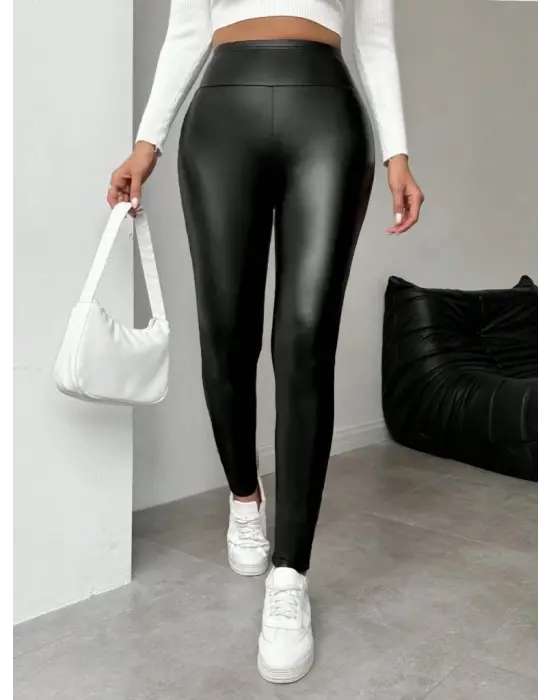 Trend Yüksek Bel Parlak Deri Tayt