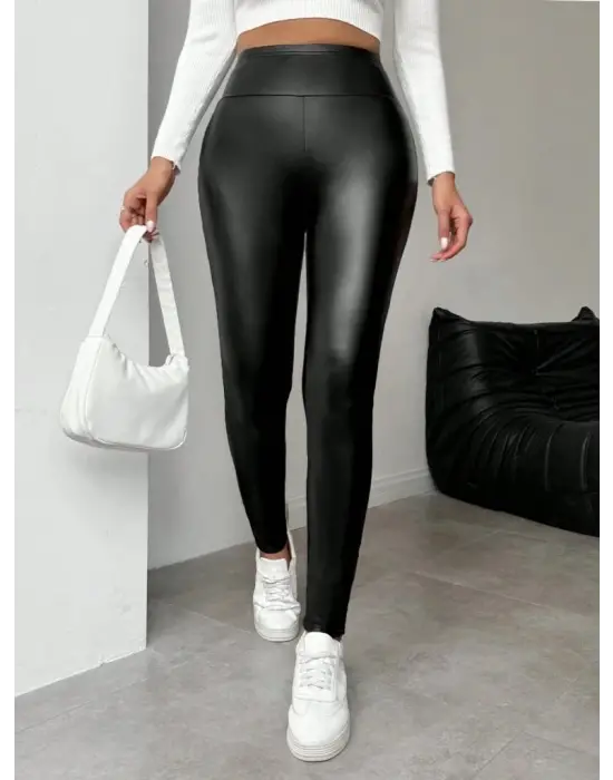 Kadın Yüksek Bel şardonlu Parlak Deri Tayt