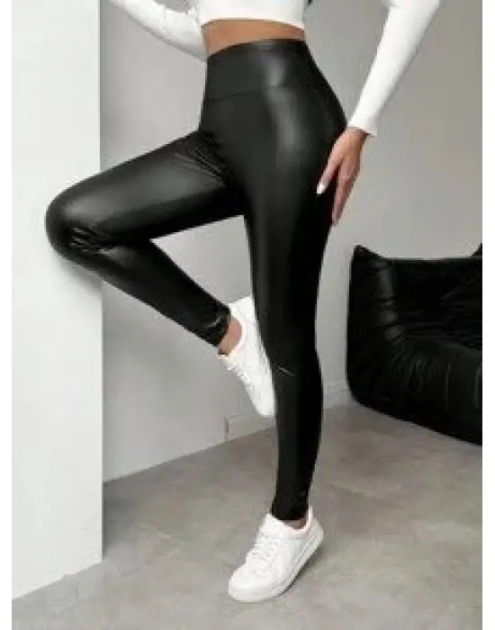 Trend Yüksek Bel Parlak Deri Tayt