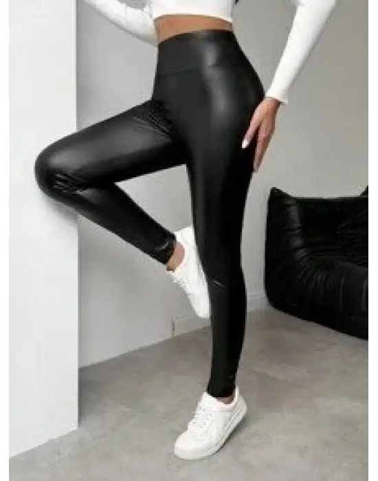 Kadın Yüksek Bel şardonlu Parlak Deri Tayt