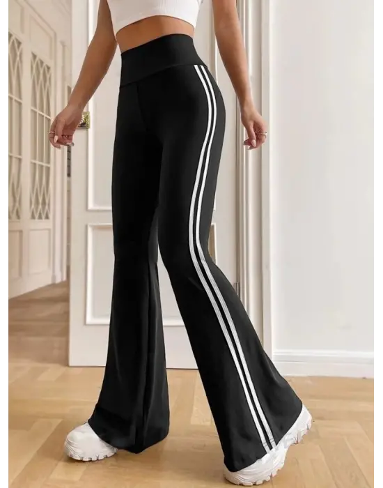 Omarı Yüksek Bel Şerit Detaylı Ispanyol Paçalı Pantolon