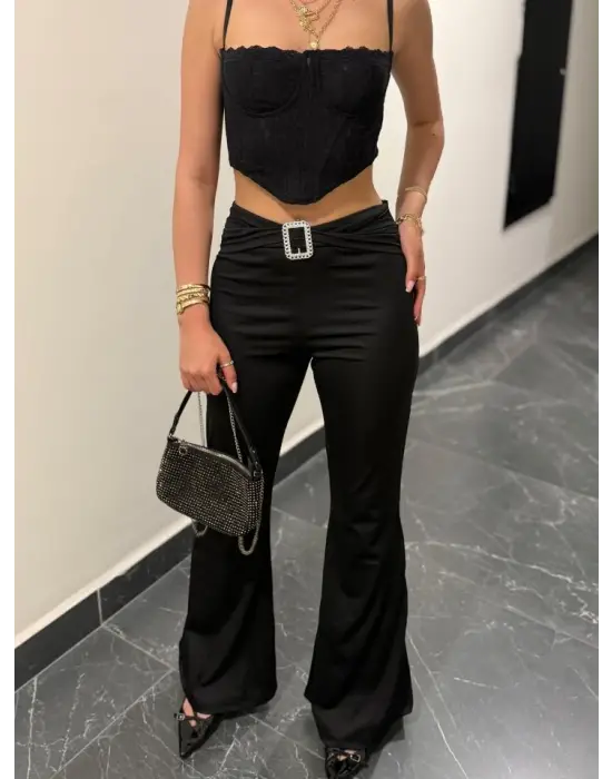 Kadın Yüksek Bel Tokalı Ispanyol Paçalı Dalgıç Pantolon