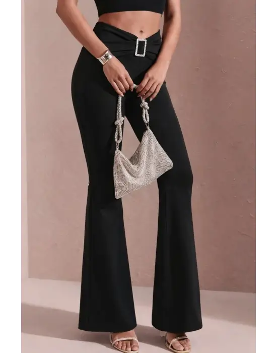 Kadın Yüksek Bel Tokalı Ispanyol Paçalı Dalgıç Pantolon