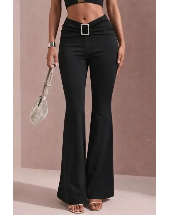 Kadın Yüksek Bel Tokalı Ispanyol Paçalı Dalgıç Pantolon