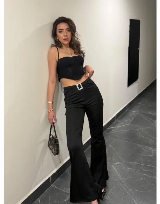 Kadın Yüksek Bel Tokalı Ispanyol Paçalı Dalgıç Pantolon