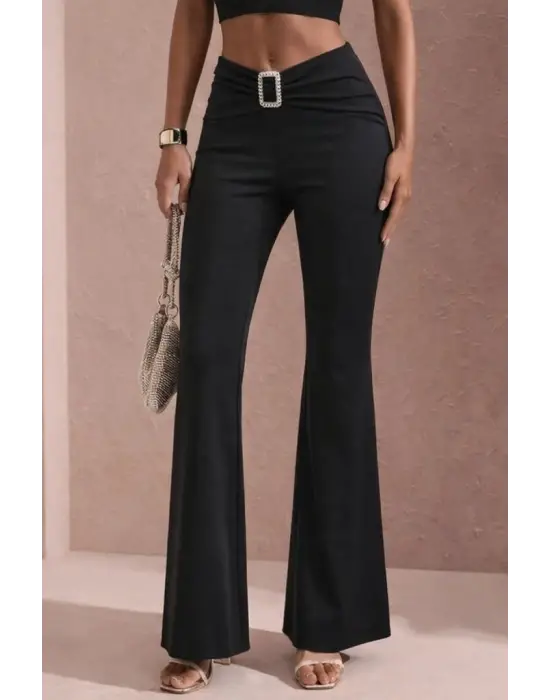 Kadın Yüksek Bel Tokalı Ispanyol Paçalı Dalgıç Pantolon