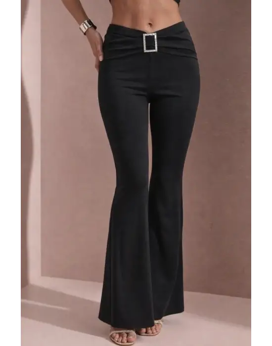 Kadın Yüksek Bel Tokalı Ispanyol Paçalı Dalgıç Pantolon
