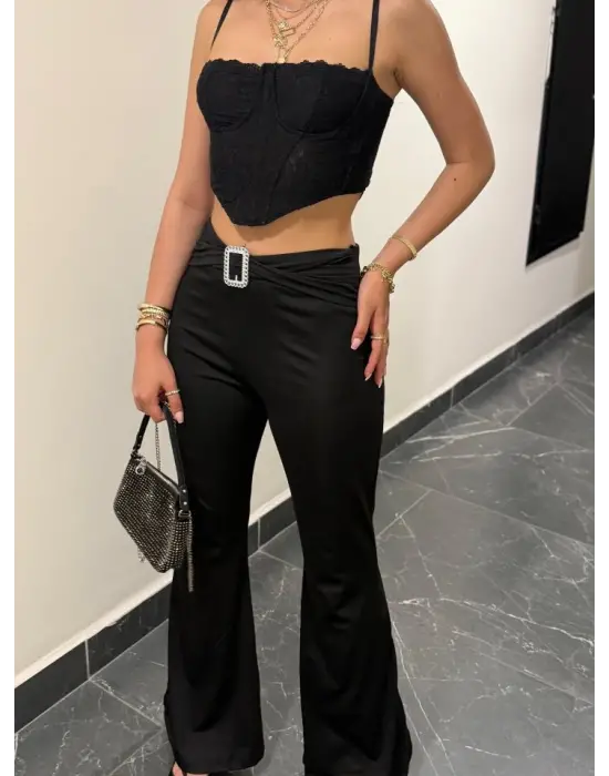 Kadın Yüksek Bel Tokalı Ispanyol Paçalı Dalgıç Pantolon