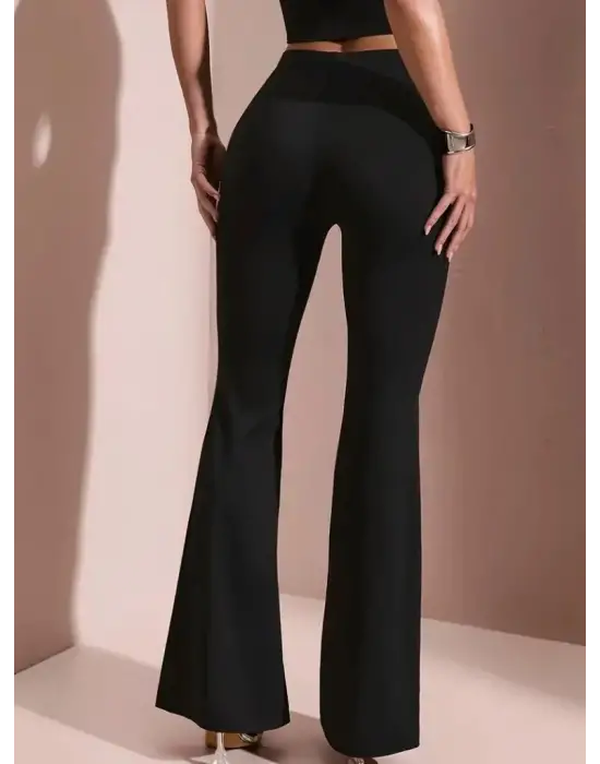 Kadın Yüksek Bel Tokalı Ispanyol Paçalı Dalgıç Pantolon