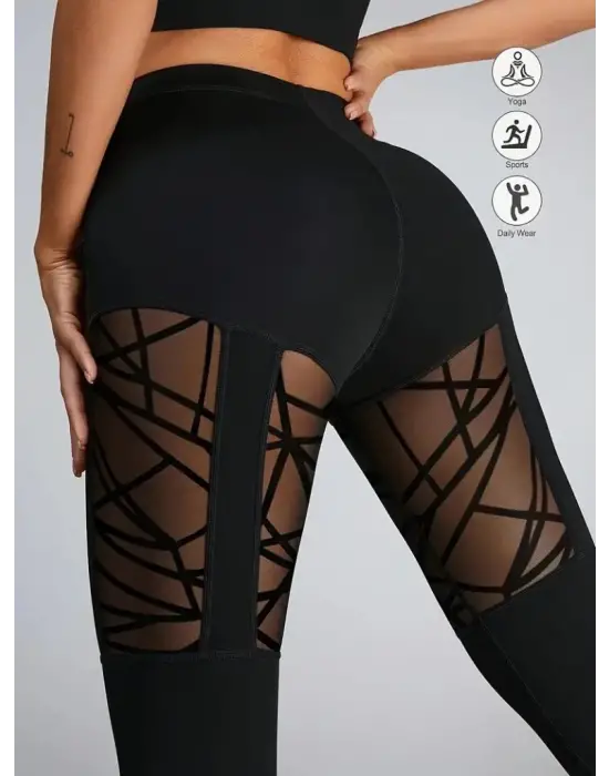 Kadın Yüksek Bel Tül Detaylı Spor Tayt