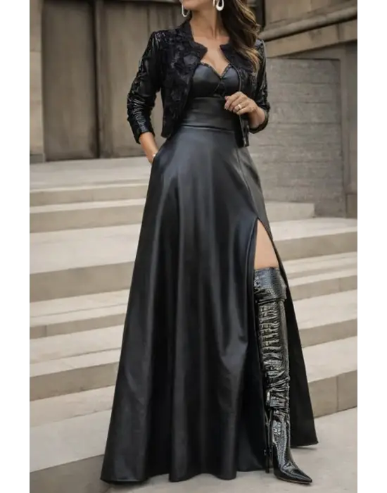 Kadın Yüksek Bel Uzun Yırtmaçlı Deri Etek