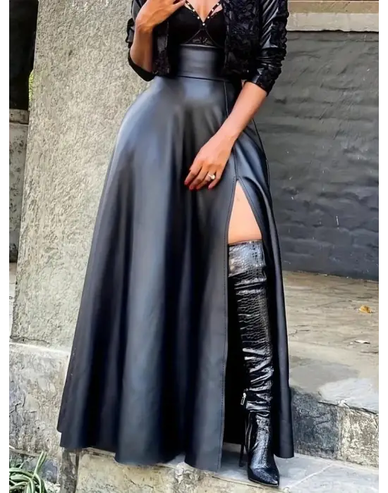 Kadın Yüksek Bel Uzun Yırtmaçlı Deri Etek