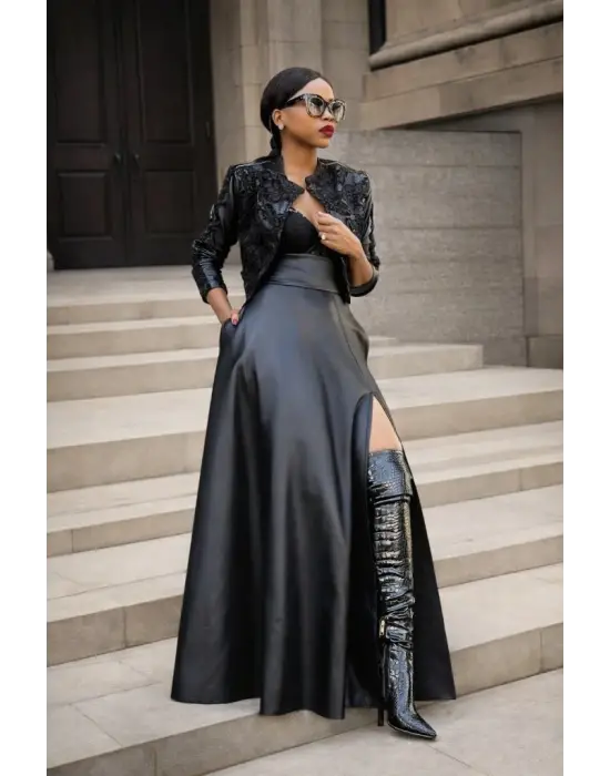 Kadın Yüksek Bel Uzun Yırtmaçlı Deri Etek